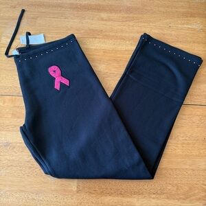 Think Pink Black Fleece Pants w/ Pink Ribbon & Rhinestone Detail (XL) Comfy Chic